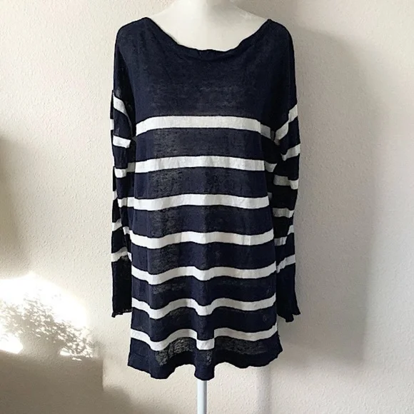 DENIM & SUPPLY Ralph Lauren Linen Tunic Sweater L Breton Stripe Navy Lightweight - Picture 5 of 11